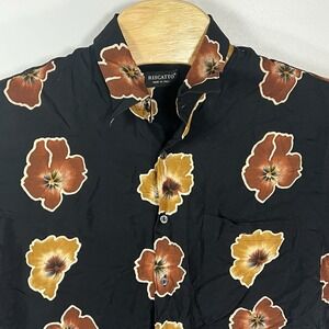 Riscatto Men Large Black w/Brown Leaves Made in Italy Rayon Short Sleeve Shirt